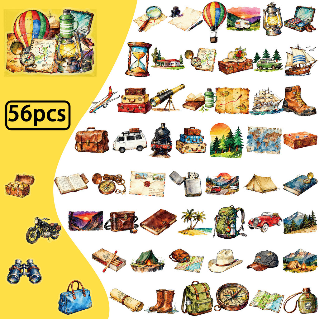 Outdoor Adventure Stores - 56枚入り 旅行＆アウトドア用PETステッカー - 透明な水彩風デカール アドベンチャーギア＆風景DIY用 Giajarステッカーストア