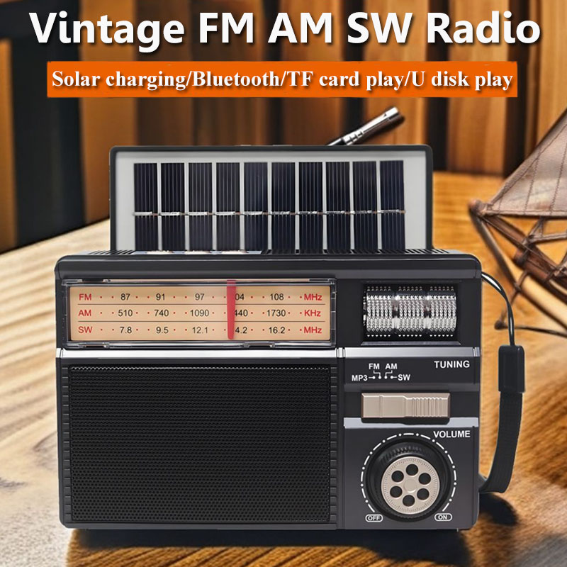 Emergency Radio Solar - ポータブル緊急フルバンドラジオソーラー電源ビンテージFM AM SWラジオ受信機ワイヤレスBluetoothスピーカーTF USBポート付き