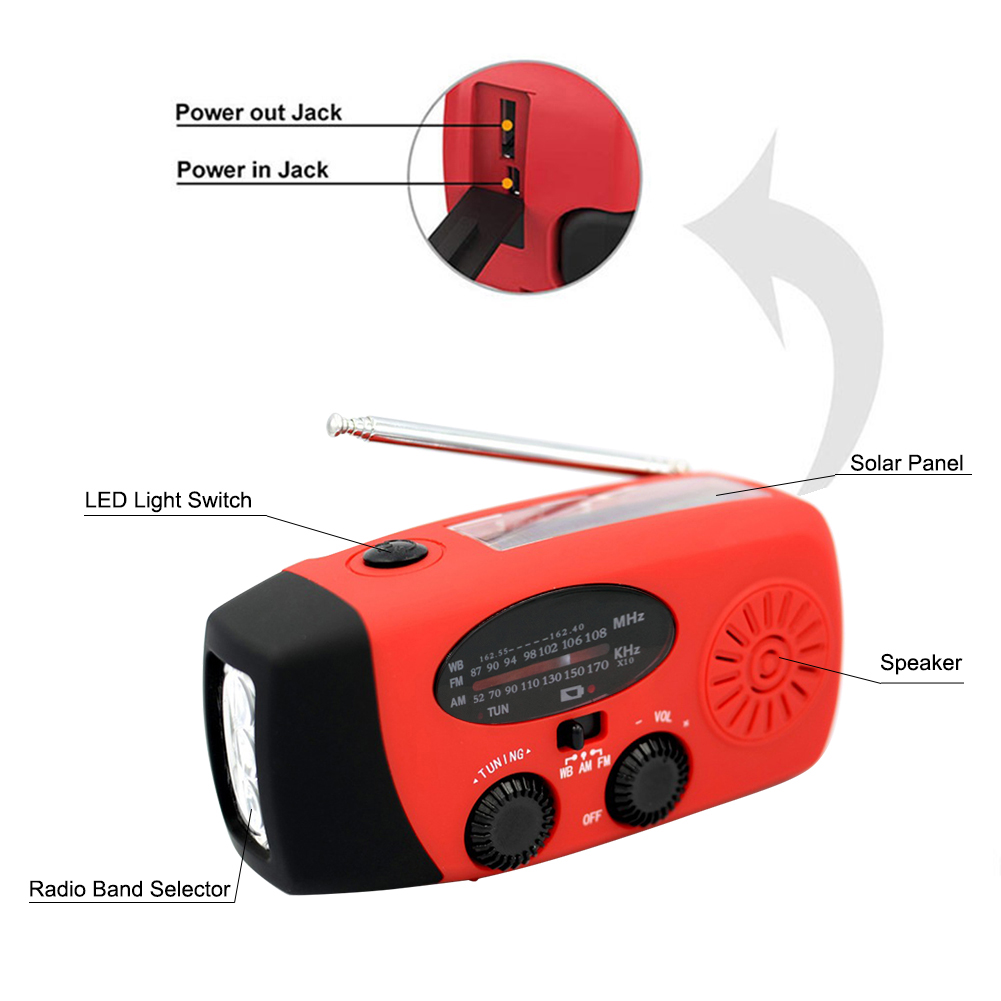 Emergency Radio Solar - ポータブルソーラーハンドクランク,ラジオ,カメラ,fm,naa,天気,緊急懐中電灯