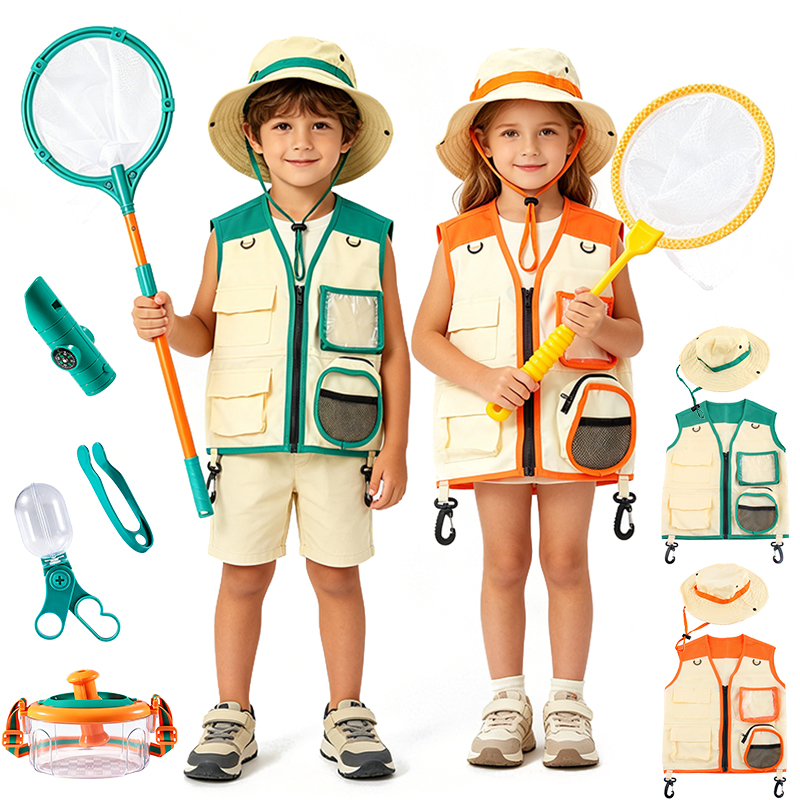 Outdoor Adventure Kit For Kids - ネイチャーエクスプローラーアドベンチャーキット帽子ベスト男の子女の子アウトフィット屋外探検ツール昆虫観察キャンプ遊び子供服