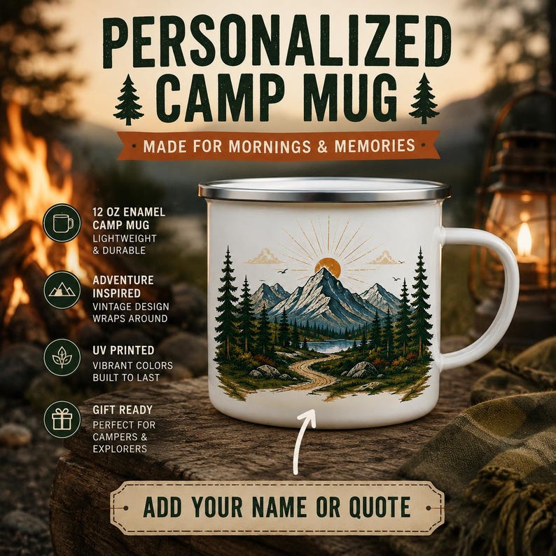 パーソナライズされたマウンテンエナメルキャンプマグカップ、カ - Outdoor Adventure Names のレビューと価格