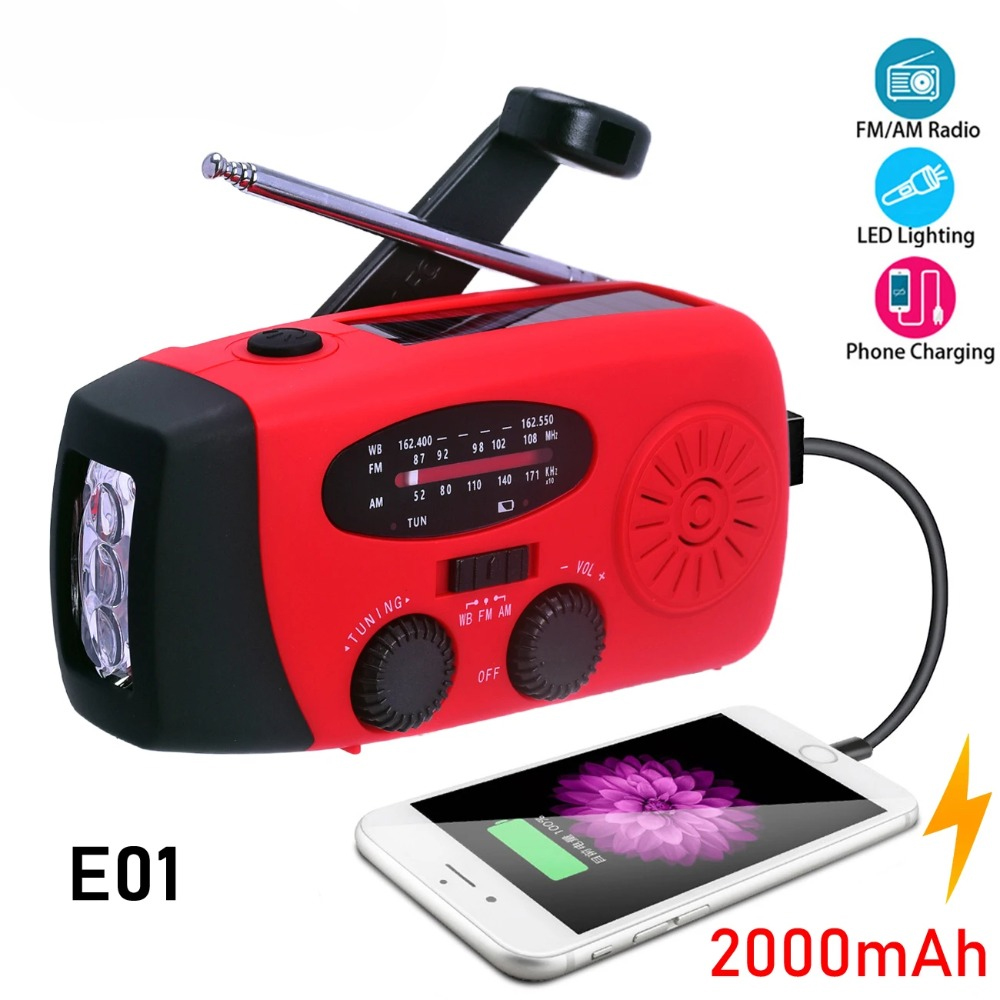 E01 緊急用手回しソーラーラジオ 2000mAh パワーバ - Emergency Radio Solar のレビューと価格