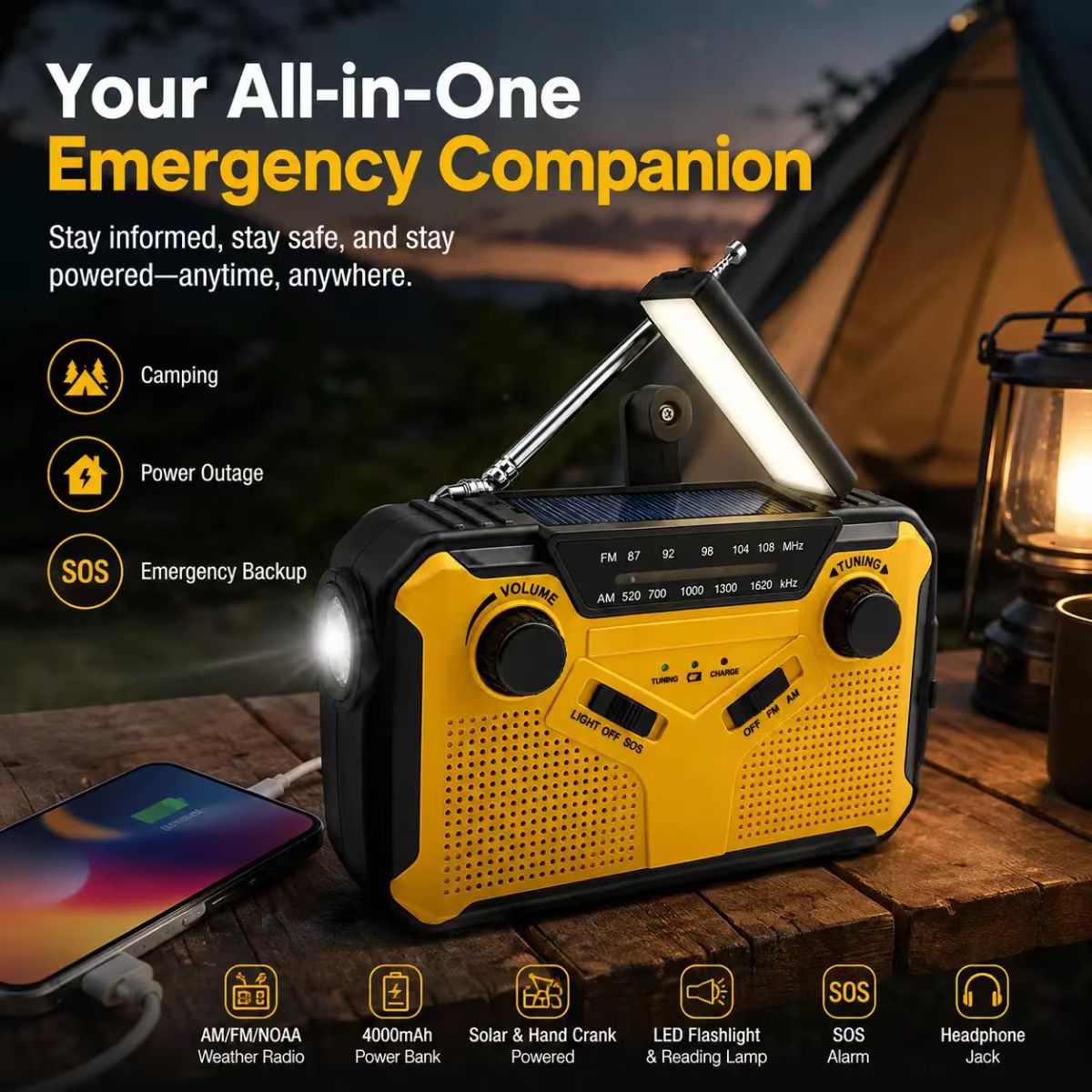 AM/FMポータブルソーラーラジオ、手回しダイナモ緊急ラジオ - Emergency Radio Solar のレビューと価格